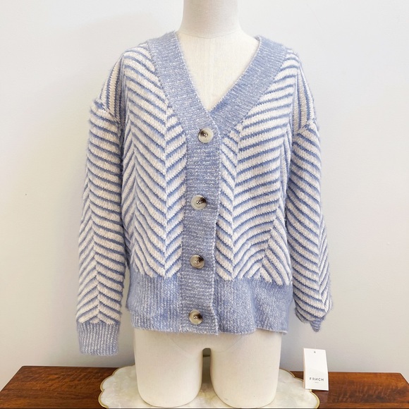 Frnch Paris Blue White Chevron Chenille Cardigan - Picture 1 of 13